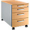 Mobiele archiefkast met houtlook, zilverkleurige zijkant, vier lades, wielen.