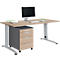 Lichtbruine bureau met een ladenkast en zilveren poten. Op de tafel staan een monitor, toetsenbord en boeken.
