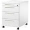 Witte, rolbare bureaucontainer met drie laden en zilveren handvatten.