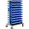 Verrijdbaar magazijn voor kleine onderdelen, aan 2 zijden stapelbaar, incl. 140 blauwe magazijnbakken met open voorzijde LF 211, B 825 x D 550 x H 1450 mm, staal, grijs