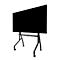 Een groot zwart scherm op een mobiele standaard met wielen.
