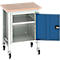 Verrijdbare werkbank Bott verso, Multiplex legbord, 1 deur &amp; 1 legbord, wielen, B 700 x D 600 x H 930 mm, RAL 7035 lichtgrijs / gentiaanblauw