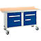 Verrijdbare werkbank Schäfer Shop Select PWi 150-0, beuken multiplex blad, met stalen rand, tot 400 kg, B 1500 x D 700 x H 840 mm
