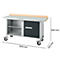 Werkbank op wielen, metalen frame, houten blad, grijze kleur, kast met deur en lades.
