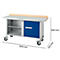 Werkbank met blauwe deur, wielen, houten blad en afmetingen: 1500x700x840 mm.