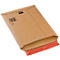 Brauner Versandtasche mit offenem Mund, rotem Streifen und Barcode.