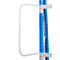 White safety bar on blue metal shelves, detail shot.
