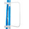White curved handrail on blue shelf supports.