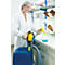 A woman in a lab coat is filling a blue canister with a yellow pump. She is wearing gloves and safety glasses.