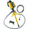Yellow gun with hose and holder.