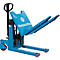 Blue hand pallet truck, "HanseLifter" lettering on the lifting plate. Forks pointing upwards, black handle.