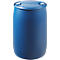 Blue plastic barrel, lid with two white closures. Vertical structure, neutral background.