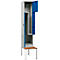 Vestiaire, 2 compartiments, avec banc, 2 compartiments, avec portes en Z, serrure à cylindre, gris clair/bleu gentiane