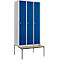 Vestiaire, 3 compartiments, 300 mm, serrure à came batteuse, avec banc, porte bleu gentiane