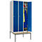 Vestiaire, 3 compartiments, 300 mm, serrure à came batteuse, avec banc, porte bleu gentiane