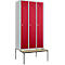 Vestiaire, 3 compartiments, 300 mm, serrure à came batteuse, avec banc, porte rouge rubis
