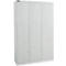 Armoire en acier blanc en trois parties avec portes et fentes de ventilation.