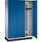 Armoire avec portes bleues, une porte ouverte, tringle à vêtements à l'intérieur.