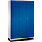 Armoire à trois portes avec portes bleues, boutons argentés et corps blanc sur une base noire.