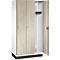 Armoire à deux portes en bois, une porte ouverte. Étagère intérieure avec porte-manteau.