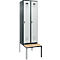 Vestiaire C+P Evolo Plus, 2 compartiments de 300 mm de large chacun, banquette sous le meuble, L 600 x P 815 x H 2120 mm, loquet rotatif, gris anthracite/gris clair