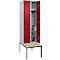 Vestiaire C+P Evolo Plus, 2 compartiments de 300 mm de large chacun, banquette sous le meuble, L 600 x P 815 x H 2120 mm, loquet rotatif, gris clair/rouge rubis