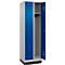 Vestiaire C+P Evolo Plus, 2 compartiments, largeur de compartiment 300 mm, avec socle, butée à droite, serrure à cylindre, butée soft, anti-effraction, L 600 x P 500 x H 1950 mm, aluminium blanc RAL 9006/bleu enzyme RAL 5010