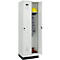 Vestiaire C+P Evolo Plus, 2 compartiments, largeur de compartiment 300 mm, avec socle, butée à droite, verrou rotatif de sécurité, butée Soft, anti-effraction, L 600 x P 500 x H 1950 mm, gris clair RAL 7035/gris clair RAL 7035