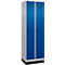 Vestiaire C+P Evolo Plus, 2 compartiments, largeur des compartiments 300 mm, avec socle, butée à droite, verrou rotatif de sécurité, butée Soft, anti-effraction, L 600 x P 500 x H 1950 mm, aluminium blanc RAL 9006/bleu enzyme RAL 5010