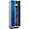 Vestiaire C+P Evolo Plus, 2 compartiments, largeur des compartiments 300 mm, avec socle, butée à droite, verrou rotatif de sécurité, butée Soft, anti-effraction, L 600 x P 500 x H 1950 mm, aluminium blanc RAL 9006/bleu enzyme RAL 5010