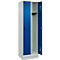 Vestiaire C+P Evolo Plus, 2 compartiments, largeur des compartiments 300 mm, avec socle, butée à droite, verrou rotatif de sécurité, butée soft, anti-effraction, L 600 x P 500 x H 1950 mm, gris clair RAL 7035/bleu gentiane RAL 5010