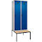Vestiaire C+P Evolo Plus, 2 compartiments, largeur des compartiments 400 mm, avec banc encastré, L 800 x P 815 x H 2120 mm, verrou rotatif, aluminium blanc/bleu enzyme