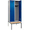 Vestiaire C+P Evolo Plus, 2 compartiments, largeur des compartiments 400 mm, avec banc encastré, L 800 x P 815 x H 2120 mm, verrou rotatif, aluminium blanc/bleu enzyme