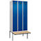 Vestiaire C+P Evolo Plus, 3 compartiments de 300 mm de large, banquette flottante, L 900 x P 815 x H 2120 mm, cylindre, aluminium blanc/bleu gentiane