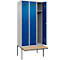 Vestiaire C+P Evolo Plus, 3 compartiments de 300 mm de large, banquette flottante, L 900 x P 815 x H 2120 mm, cylindre, aluminium blanc/bleu gentiane
