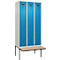 Vestiaire C+P Evolo Plus, 3 compartiments de 300 mm de large, banquette flottante, L 900 x P 815 x H 2120 mm, cylindre, gris clair/bleu clair