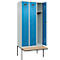 Vestiaire C+P Evolo Plus, 3 compartiments de 300 mm de large, banquette flottante, L 900 x P 815 x H 2120 mm, cylindre, gris clair/bleu clair