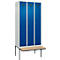 Vestiaire C+P Evolo Plus, 3 compartiments de 300 mm de large, banquette flottante, L 900 x P 815 x H 2120 mm, cylindre, gris clair/bleu gentiane