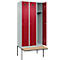 Vestiaire C+P Evolo Plus, 3 compartiments de 300 mm de large, banquette flottante, L 900 x P 815 x H 2120 mm, cylindre, gris clair/rouge rubis