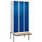 Vestiaire C+P Evolo Plus, 3 compartiments de 300 mm de large, banquette flottante, L 900 x P 815 x H 2120 mm, loquet rotatif, gris clair/bleu gentiane