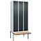 Vestiaire C+P Evolo Plus, 3 compartiments de 300 mm de large, banquette flottante, L 900 x P 815 x H 2120 mm, verrou tournant, gris clair/anthracite