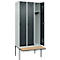 Vestiaire C+P Evolo Plus, 3 compartiments de 300 mm de large, banquette flottante, L 900 x P 815 x H 2120 mm, verrou tournant, gris clair/anthracite