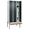 Vestiaire C+P Evolo Plus, 3 compartiments de 300 mm de large, banquette flottante, L 900 x P 815 x H 2120 mm, verrou tournant, gris clair/anthracite