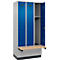Vestiaire C+P Evolo Plus, 3 compartiments de 300 mm de large, socle, banc flottant, L 900 x P 815 x H 1950 mm, cylindre, aluminium blanc/bleu gentiane