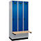 Vestiaire C+P Evolo Plus, 3 compartiments de 300 mm de large, socle, banc flottant, L 900 x P 815 x H 1950 mm, loquet rotatif, aluminium blanc/bleu gentiane