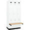 Vestiaire C+P Evolo Plus, 3 compartiments de 300 mm de large, socle, banquette flottante, L 900 x P 815 x H 1950 mm, cylindre, blanc signalisation/blanc trafic