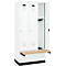 Vestiaire C+P Evolo Plus, 3 compartiments de 300 mm de large, socle, banquette flottante, L 900 x P 815 x H 1950 mm, cylindre, blanc signalisation/blanc trafic