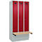 Vestiaire C+P Evolo Plus, 3 compartiments de 300 mm de large, socle, banquette flottante, L 900 x P 815 x H 1950 mm, cylindre, gris clair/rouge rubis