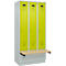 Vestiaire C+P Evolo Plus, 3 compartiments de 300 mm de large, socle, banquette flottante, L 900 x P 815 x H 1950 mm, cylindre, gris clair/vert clown