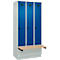 Vestiaire C+P Evolo Plus, 3 compartiments de 300 mm de large, socle, banquette flottante, L 900 x P 815 x H 1950 mm, loquet rotatif, gris clair/bleu gentiane
